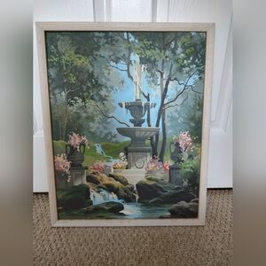 Vintage Framed Paint By Number Garden Cottage Core Fountain Art Shabby Chic